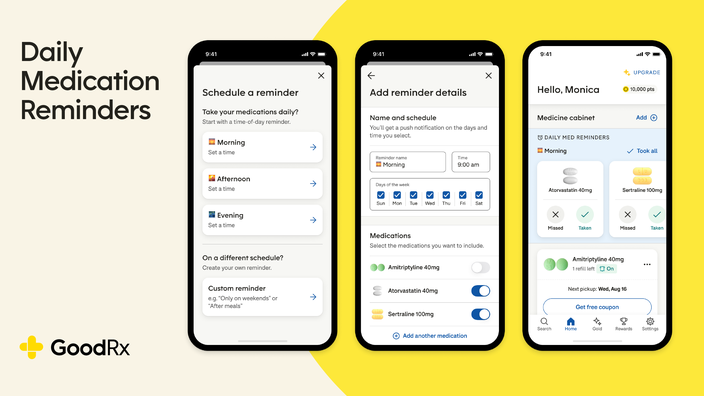 Custom graphic reading “Daily Medication Reminders” with phone screenshots of the user interface of the GoodRx app’s new feature. 