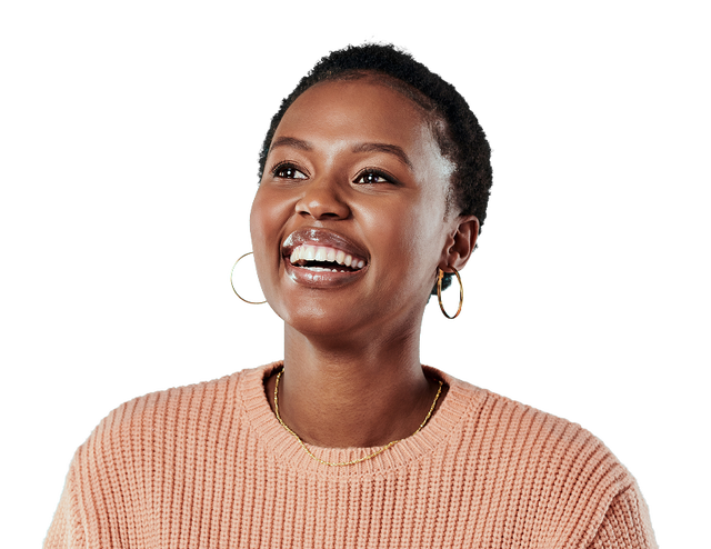 Smiling woman in a peach sweater