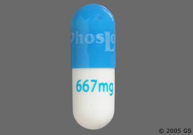 Blue, White Capsule PhosLo 667mg - Calcium Acetate Gelcaps 667mg Capsule