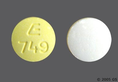 White, Yellow Round E 749 - Carisoprodol/Aspirin/Codeine Phosphate 200mg-325mg-16mg Tablet