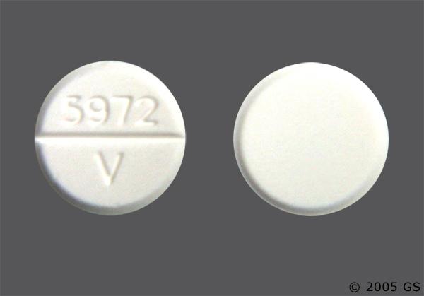 White Round Tablet 5972 V - Trihexyphenidyl Hydrochloride 5mg Tablet.
