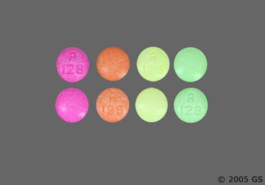 Green, Orange, Pink, Yellow Round A 128 - Sodium Fluoride 1mg Chewable Tablet