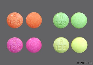 Green, Orange, Pink, Yellow Round A 128 - Sodium Fluoride 1mg Chewable Tablet
