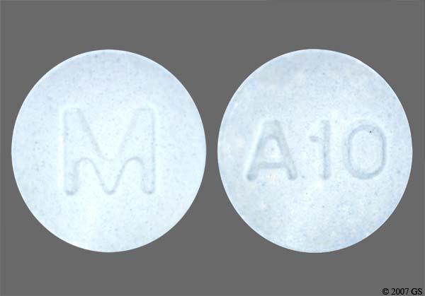 This medicine is a blue, round tablet imprinted with "M" and &quo...