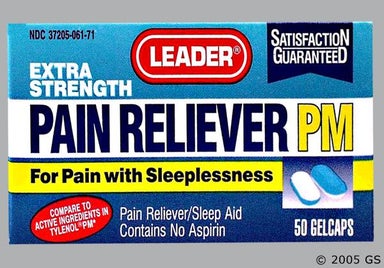 Blue, White Oblong - Leader Pain Reliever PM GelCap