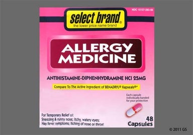 Pink, White Capsule 44-107 44-107 - Select Brand Allergy Medicine 25mg Capsule