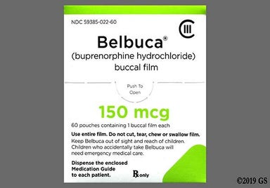 White And Yellow Rectangular E1 - Belbuca 150mcg Buccal Film