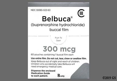 White And Yellow Rectangular E3 - Belbuca 300mcg Buccal Film
