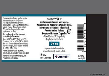 Orange And White Lannett 0795 - Amphetamine/Dextroamphetamine Salts 30mg Extended-Release Capsule