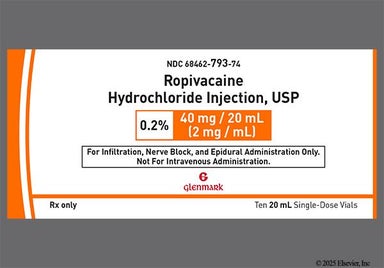 colorless - Ropivacaine Hydrochloride 0.2% Solution for Injection