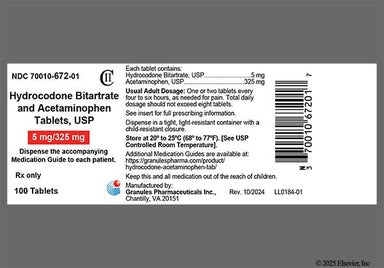 White Oblong 672 5 - Hydrocodone Bitartrate/Acetaminophen 5mg-325mg Tablet