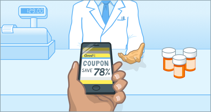 Illustration of person showing pharmacist a GoodRx coupon on a mobile device