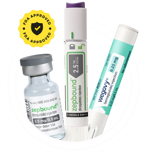 Illustration of weight loss treatments Wegovy and Zepbound with packaging