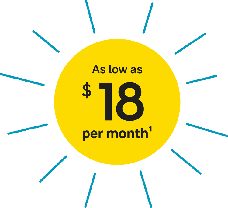 Yellow sunburst graphic with text in the center reading 'As low as $18 per month¹', surrounded by blue rays.