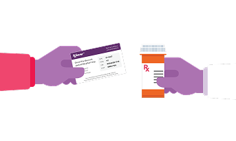 Hands exchanging an RxSaver discount card and a prescription bottle