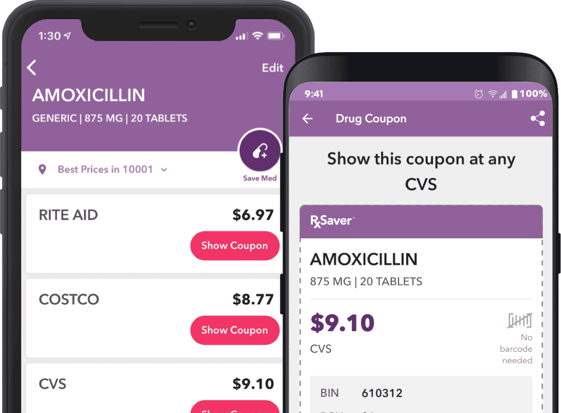 RxSaver app on phone showing prescription discounts